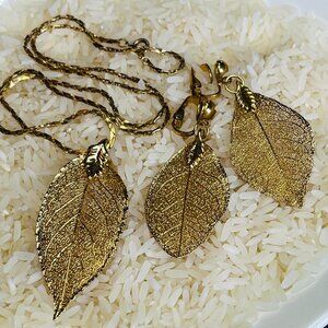 Vintage Avon 14K Gold Filled Real Leaf Necklace and Earrings Jewelry Set